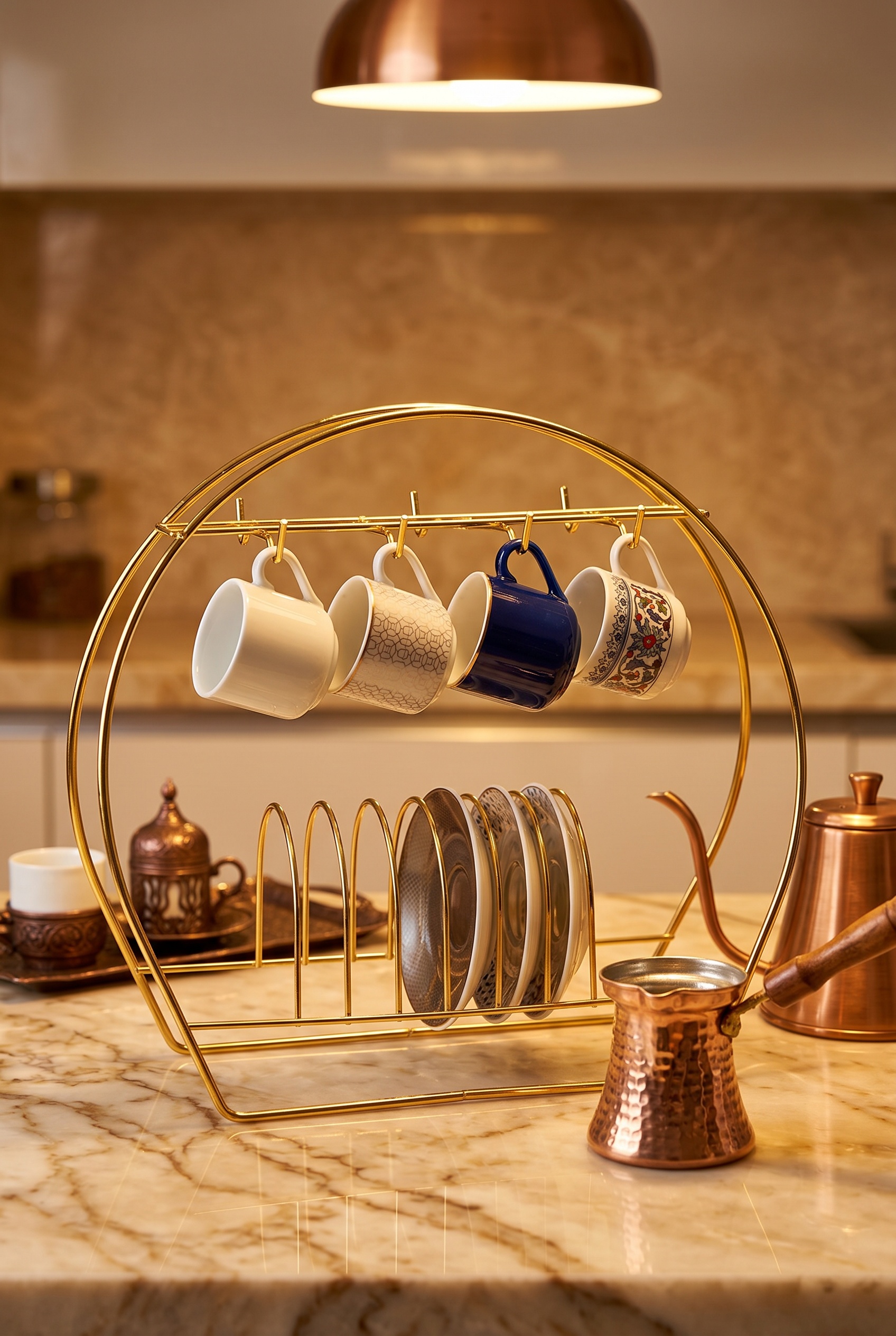 Filora Home Kahve Fincanı Standı — Türk banyosunda kullanım görünümü