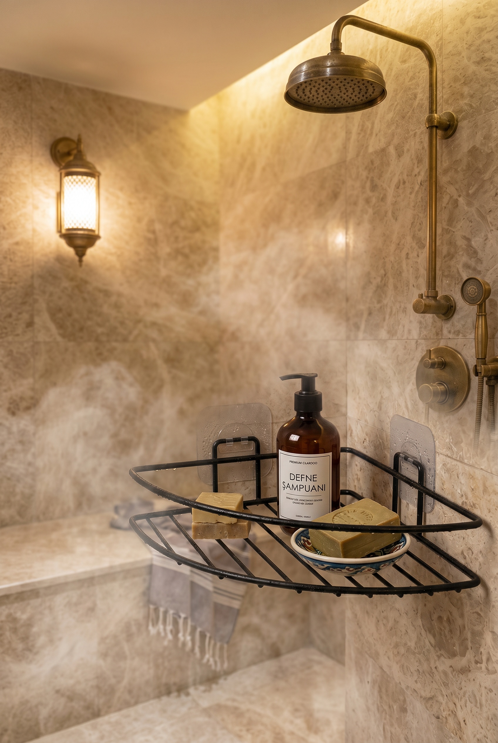 Filora Home Üçgen Organizer — Türk banyosunda kullanım görünümü